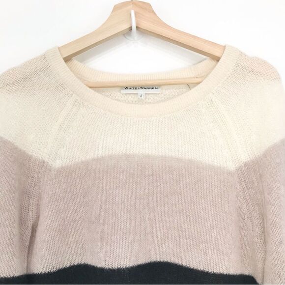 White + Warren Black Blush Cream 100% Cashmere Lightweight Striped Sweater - Picture 4 of 14